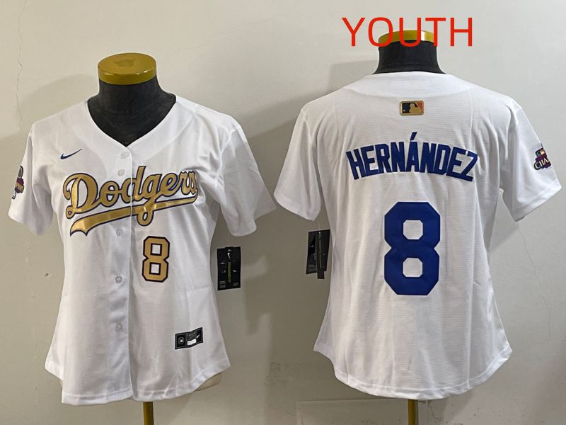Youth Los Angeles Dodgers #8 Hernandez White Champion edition Nike MLB Jersey style 002->youth mlb jersey->Youth Jersey
